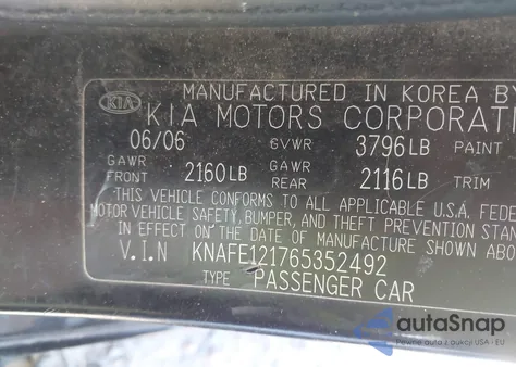 2006 Kia Spectra Ex/Lx/Sx from USA, damaged, VIN KNAFE121765352492